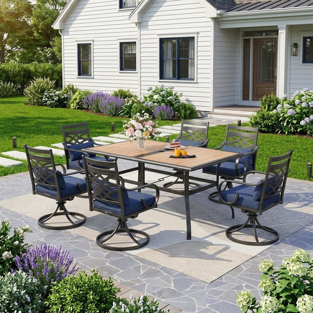 Captiva Designs 7pc Outdoor Patio Dining Rectangle Steel Table and Metal Chairs with Seat Cushion & Waist Pillow