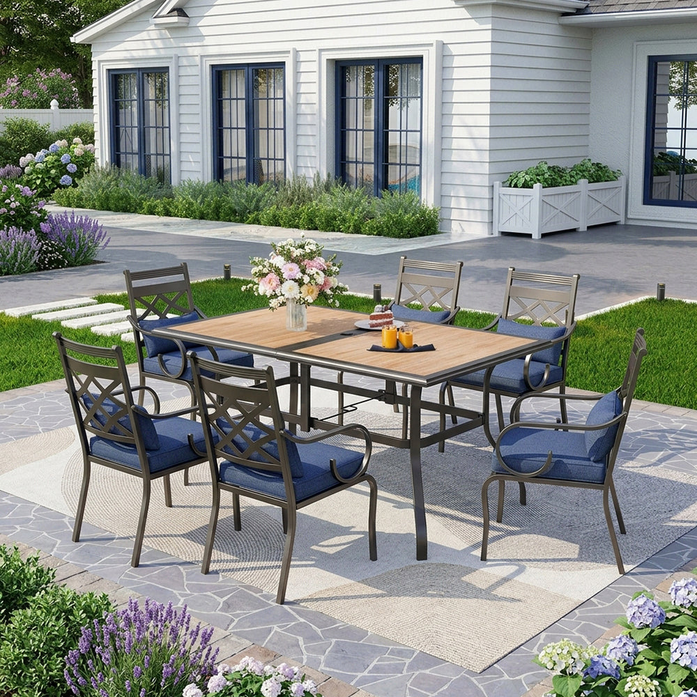 Captiva Designs 7pc Outdoor Patio Dining Rectangle Steel Table and Metal Chairs with Seat Cushion & Waist Pillow