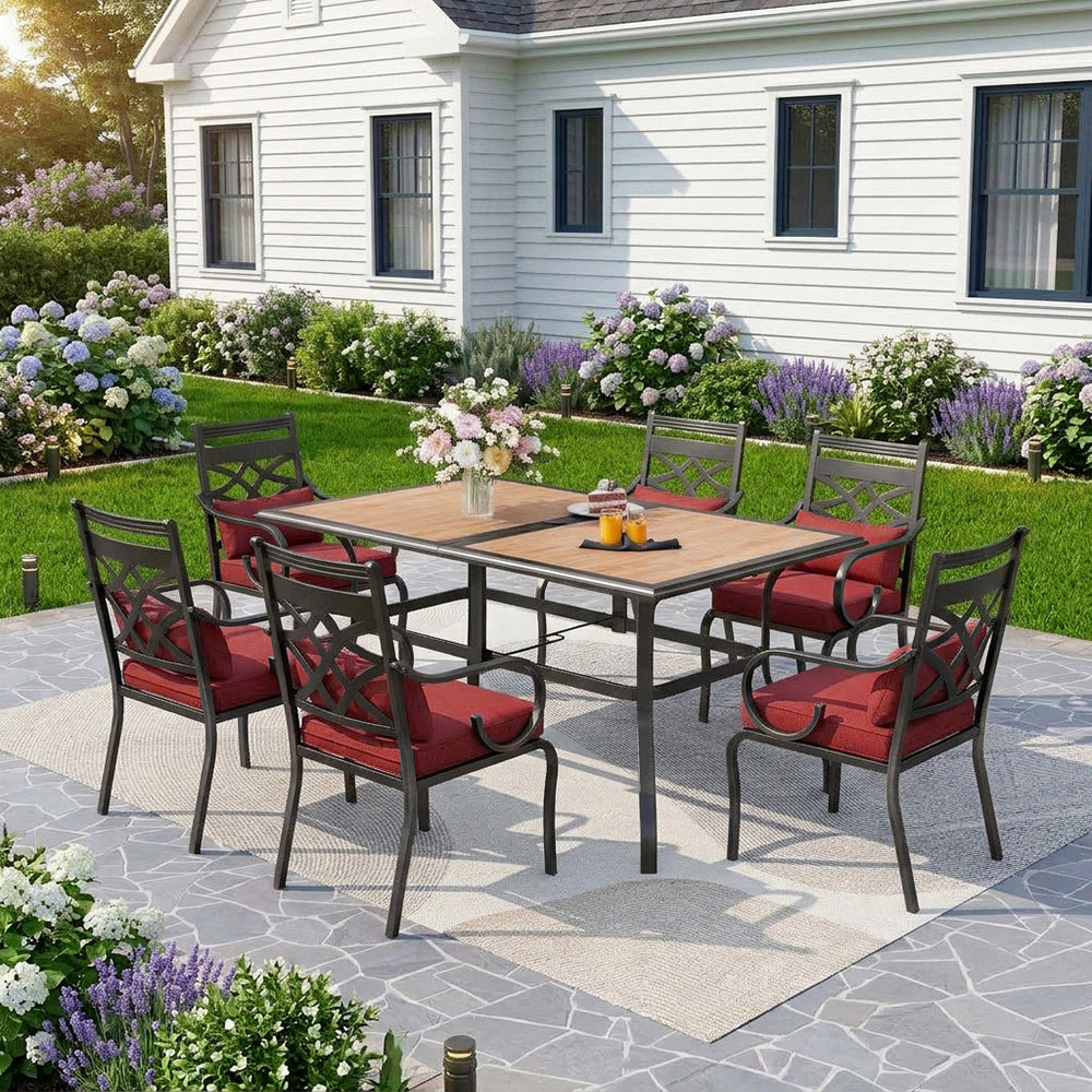 Captiva Designs 7pc Outdoor Patio Dining Rectangle Steel Table and Metal Chairs with Seat Cushion & Waist Pillow