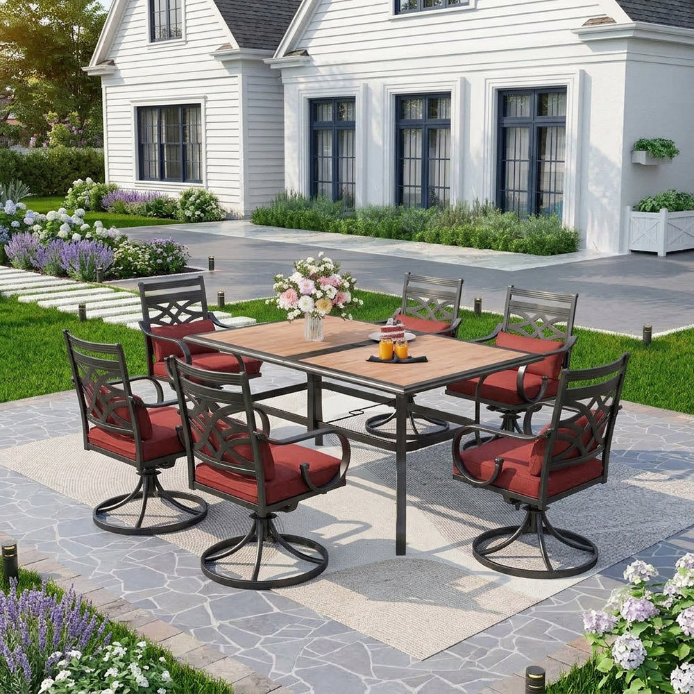 Captiva Designs 7pc Outdoor Patio Dining Rectangle Steel Table and Metal Chairs with Seat Cushion & Waist Pillow