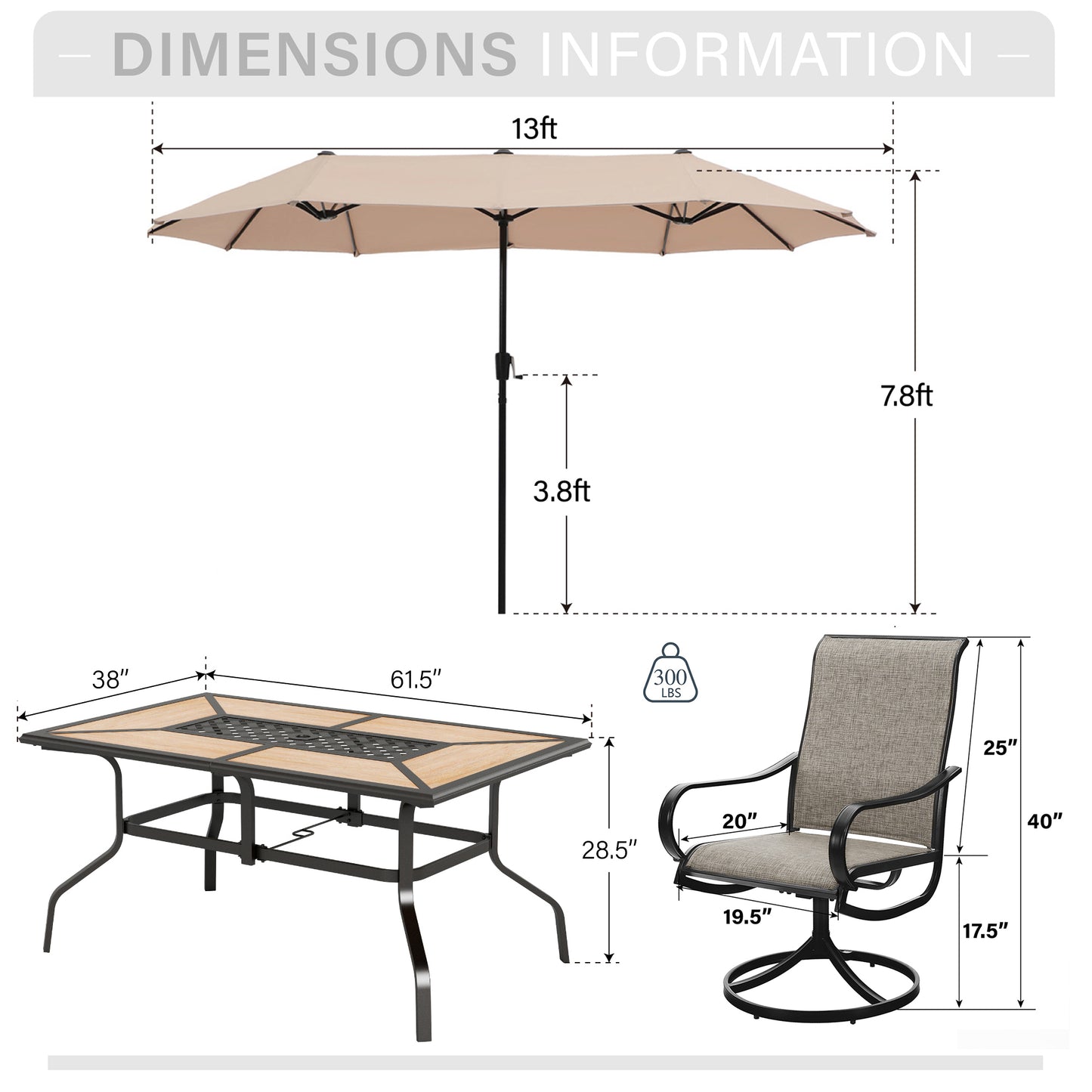 Captiva Designs 8pc Outdoor Wood-look Rectangle Steel Dining Table & Sling Swivel Chairs & Market Umbrella