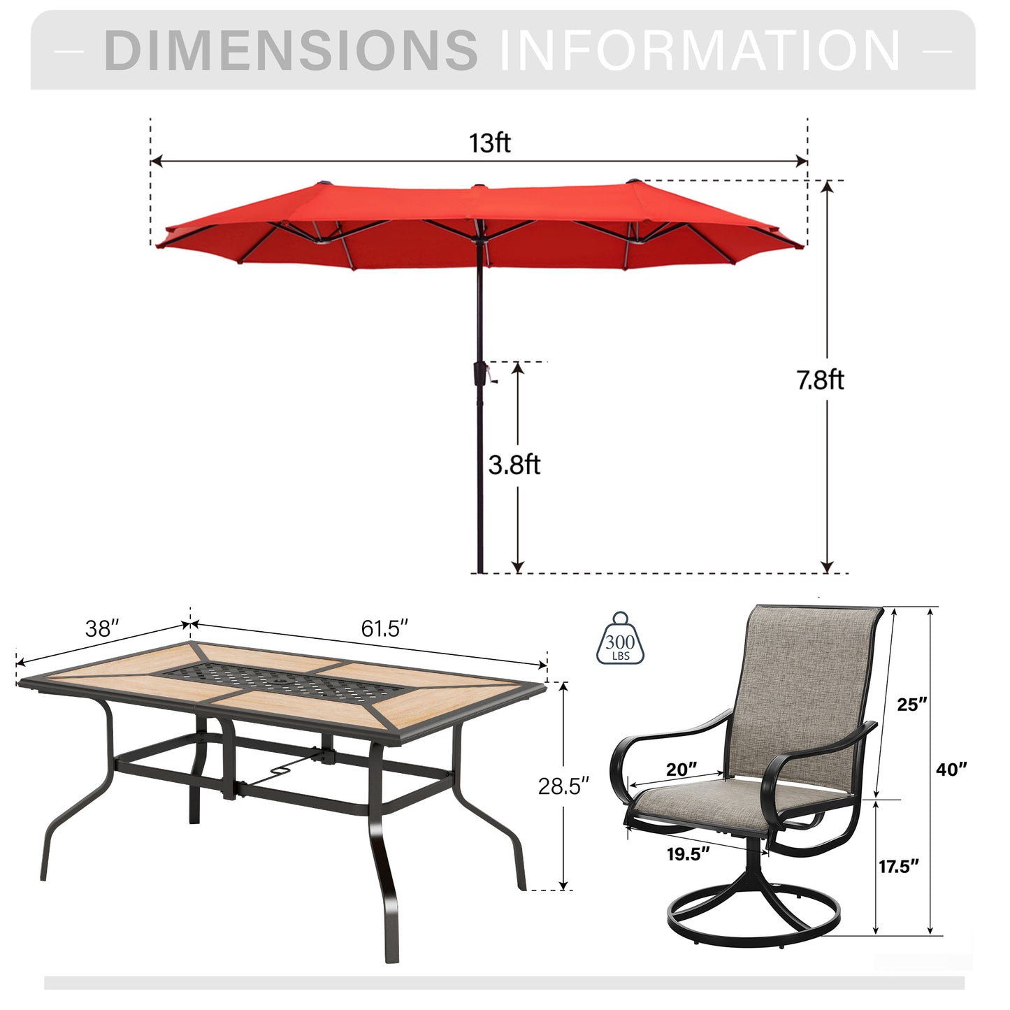 Captiva Designs 8pc Outdoor Wood-look Rectangle Steel Dining Table & Sling Swivel Chairs & Market Umbrella