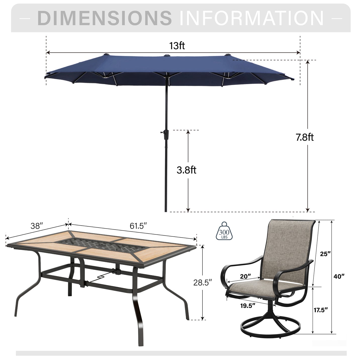 Captiva Designs 8pc Outdoor Wood-look Rectangle Steel Dining Table & Sling Swivel Chairs & Market Umbrella