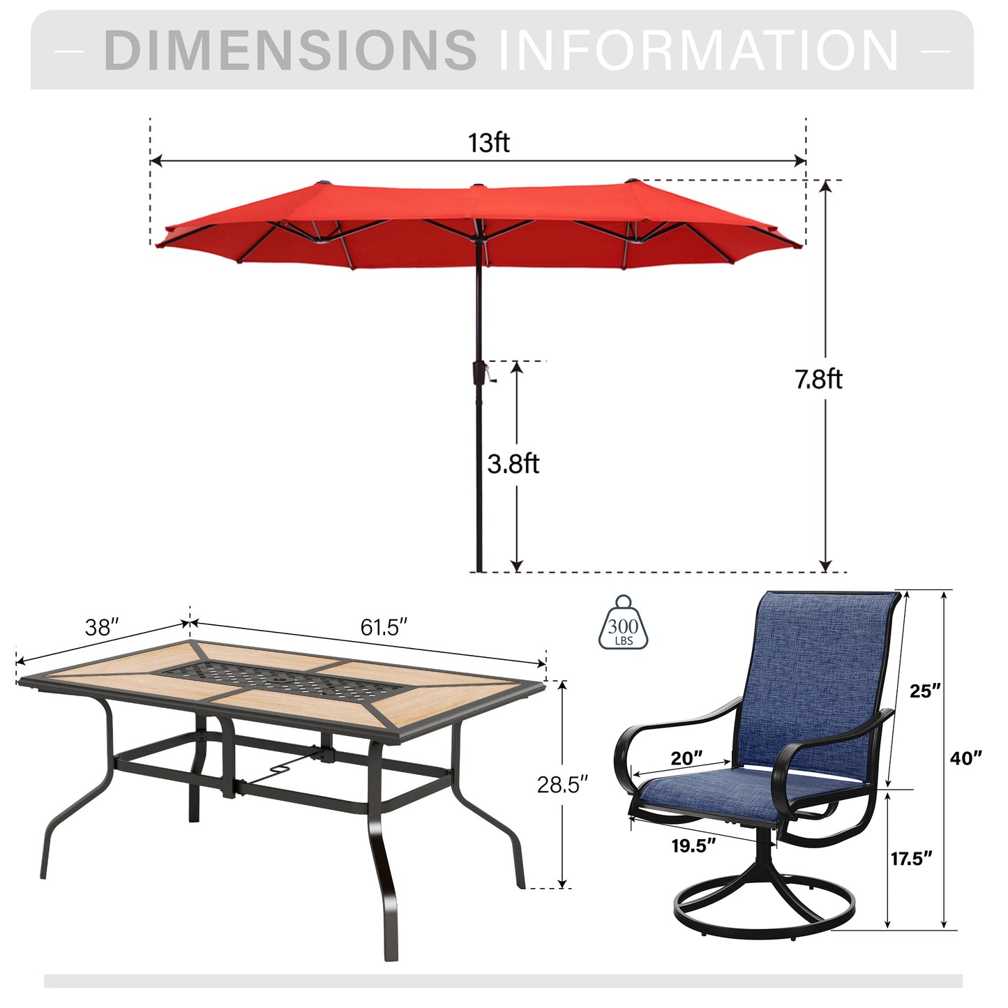 Captiva Designs 8pc Outdoor Wood-look Rectangle Steel Dining Table & Sling Swivel Chairs & Market Umbrella