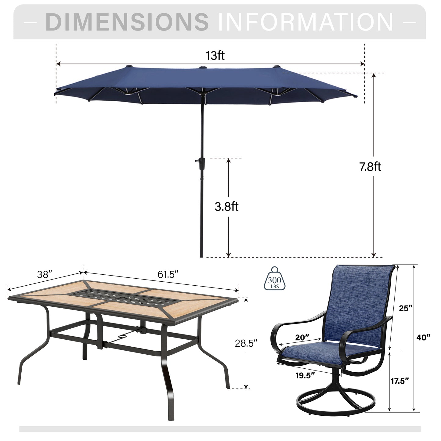 Captiva Designs 8pc Outdoor Wood-look Rectangle Steel Dining Table & Sling Swivel Chairs & Market Umbrella