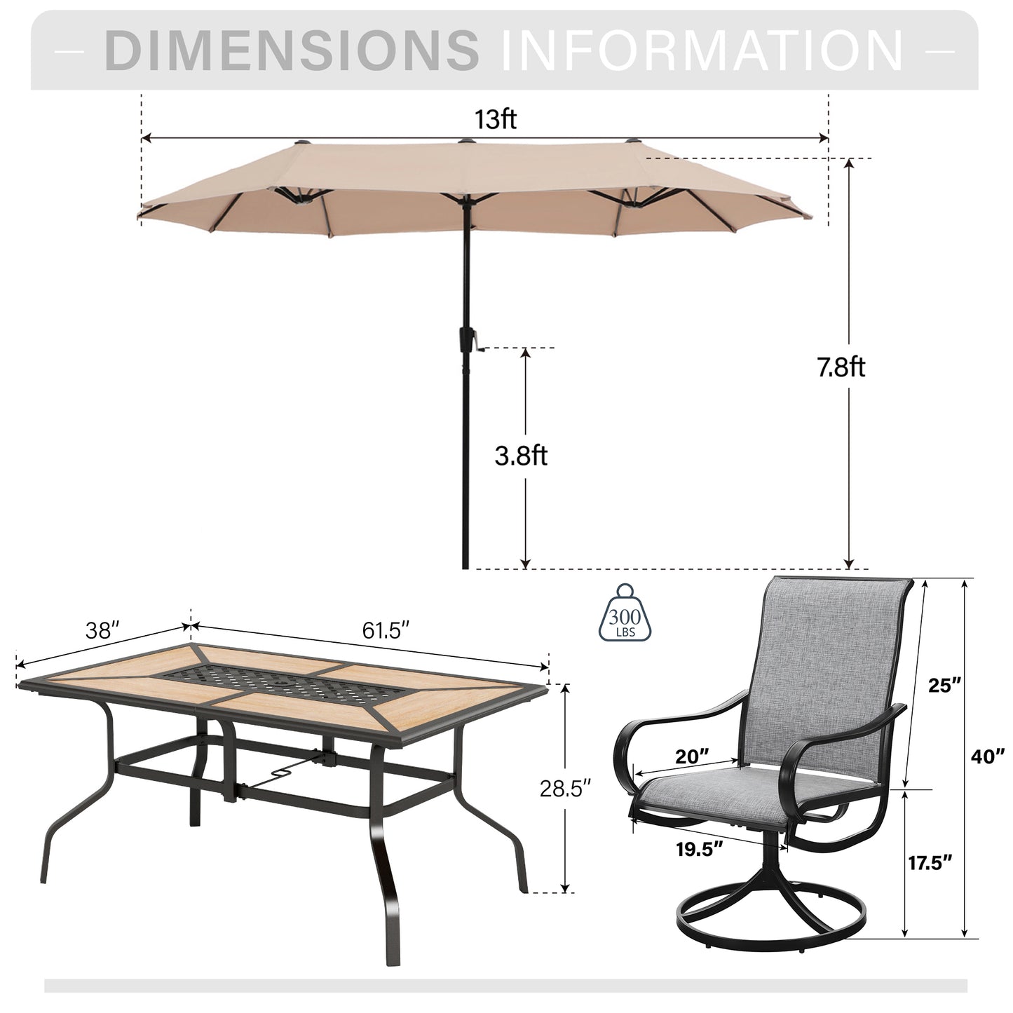 Captiva Designs 8pc Outdoor Wood-look Rectangle Steel Dining Table & Sling Swivel Chairs & Market Umbrella