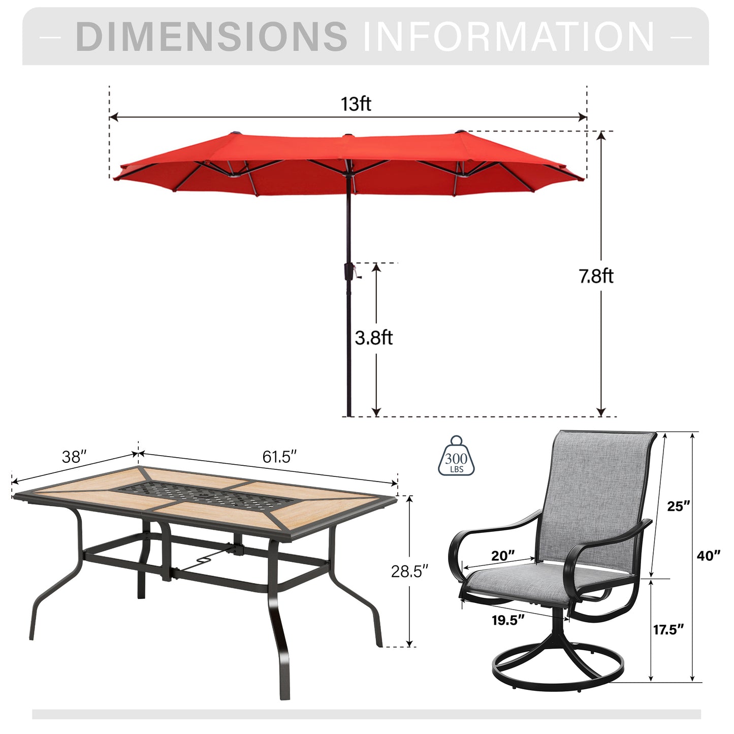 Captiva Designs 8pc Outdoor Wood-look Rectangle Steel Dining Table & Sling Swivel Chairs & Market Umbrella
