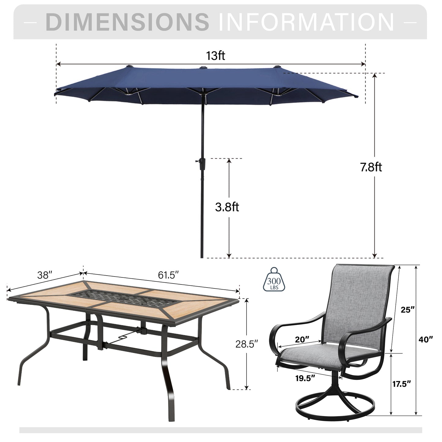 Captiva Designs 8pc Outdoor Wood-look Rectangle Steel Dining Table & Sling Swivel Chairs & Market Umbrella