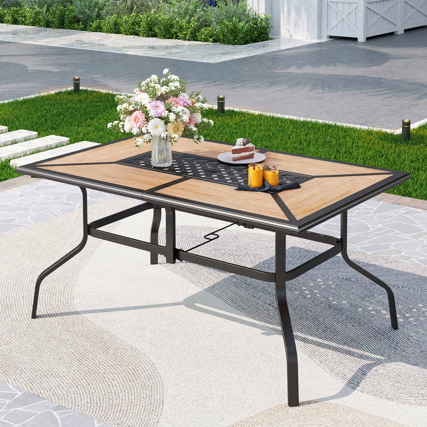 Captiva Designs 7pc Outdoor Patio Rectangular Steel Dining Table & Gray Textilene Aluminum Chairs