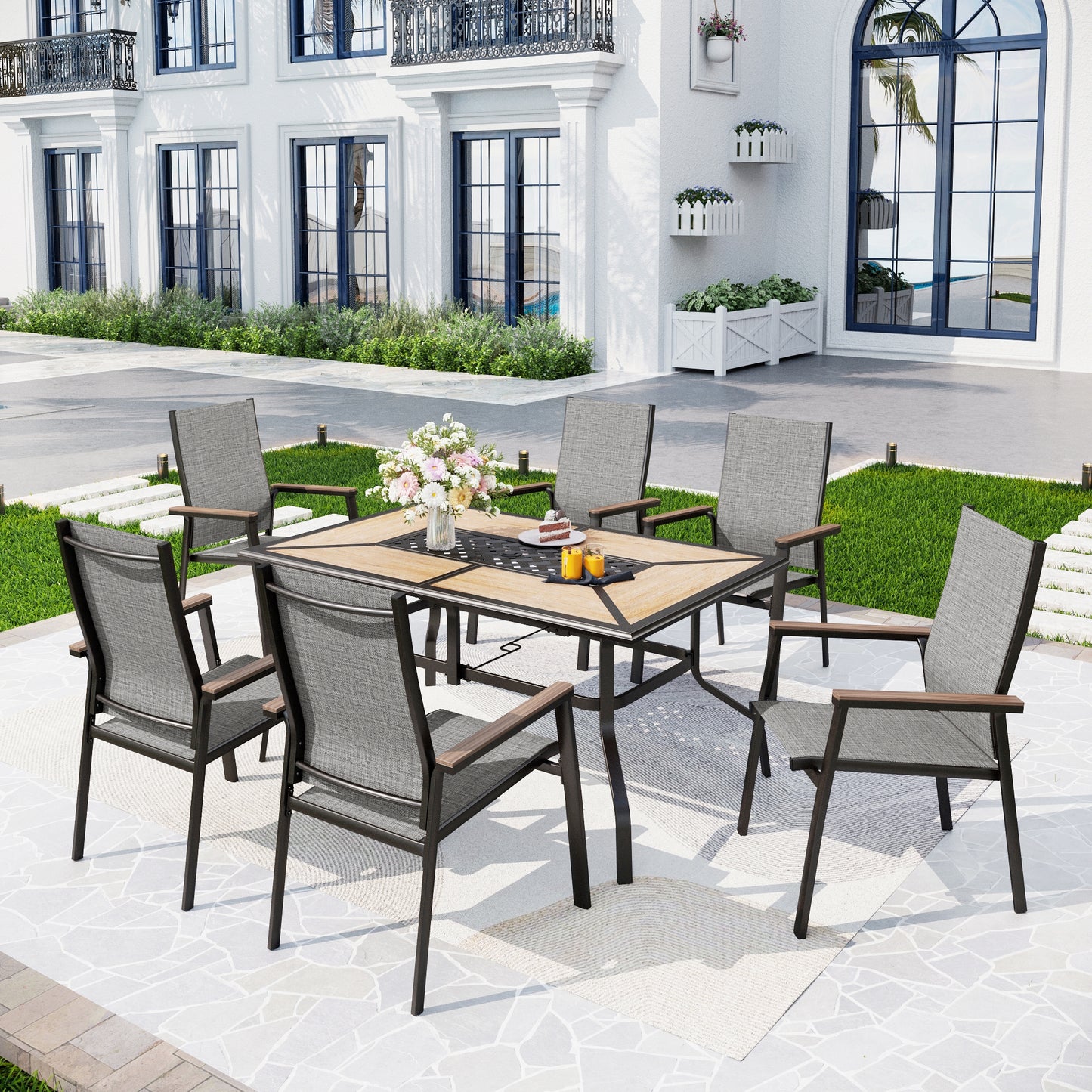 Captiva Designs 7pc Outdoor Patio Rectangular Steel Dining Table & Gray Textilene Aluminum Chairs