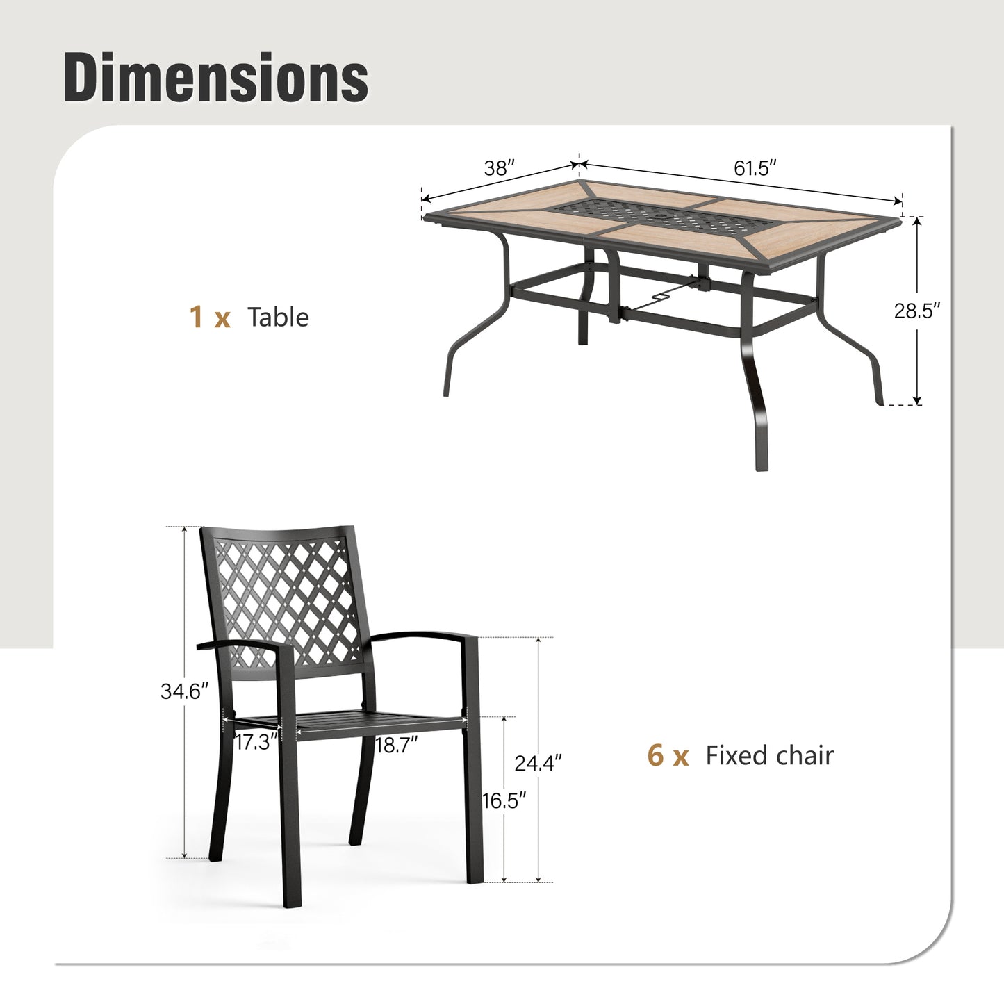Captiva Designs 7pc Patio Dining Set with Wood-look Rectangle Steel Table & Stylish Back Metal Chairs