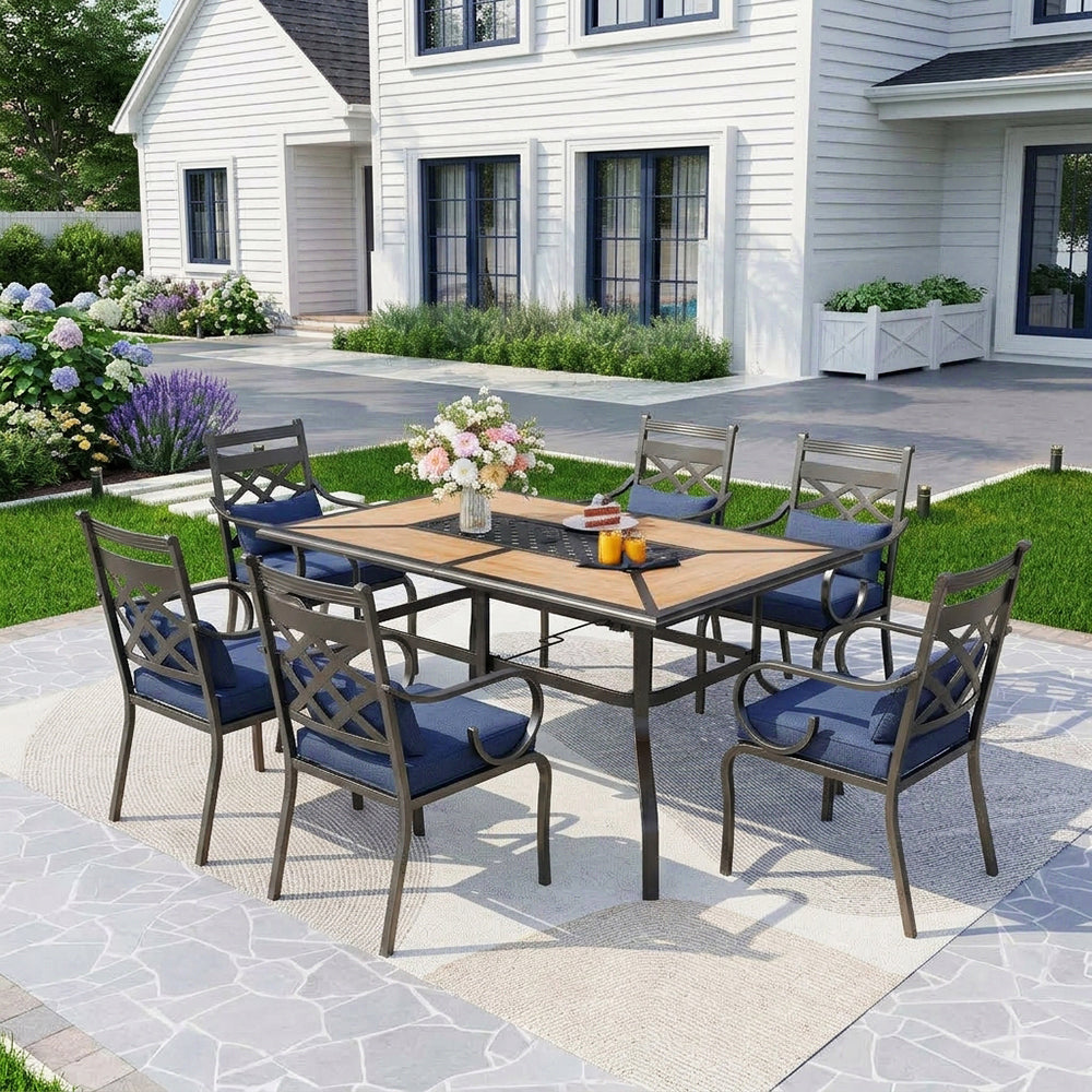 Captiva Designs 7pc Outdoor Patio Dining Rectangle Steel Table and Metal Chairs with Seat Cushion & Waist Pillow