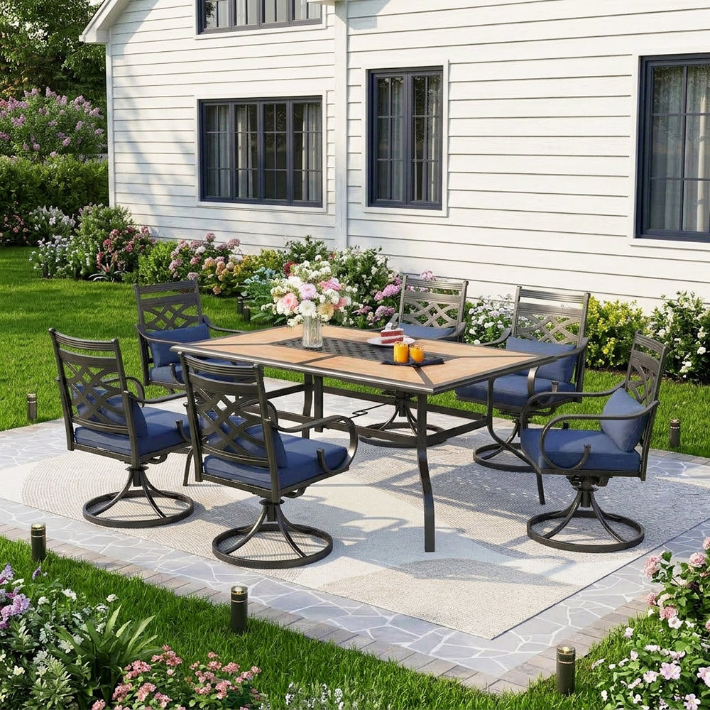 Captiva Designs 7pc Outdoor Patio Dining Rectangle Steel Table and Metal Chairs with Seat Cushion & Waist Pillow