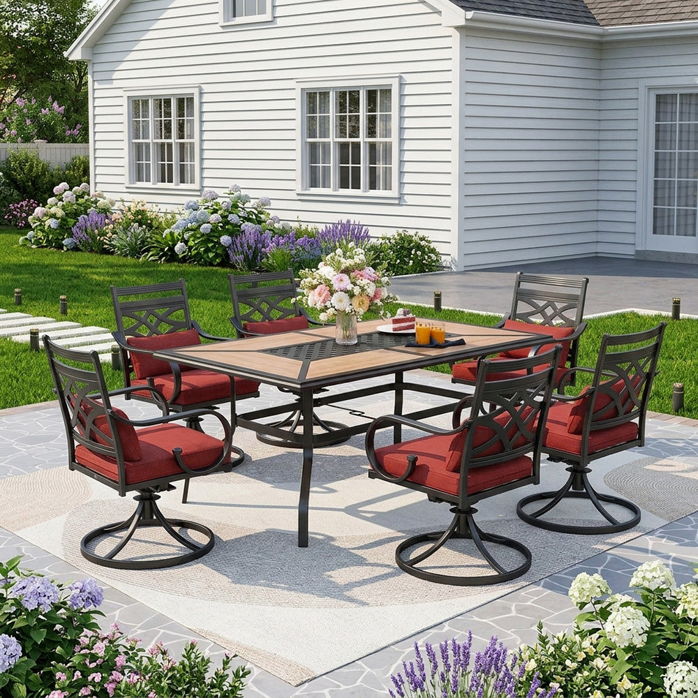 Captiva Designs 7pc Outdoor Patio Dining Rectangle Steel Table and Metal Chairs with Seat Cushion & Waist Pillow