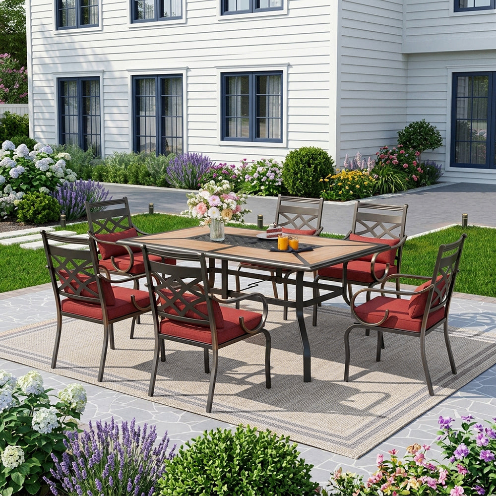 Captiva Designs 7pc Outdoor Patio Dining Rectangle Steel Table and Metal Chairs with Seat Cushion & Waist Pillow