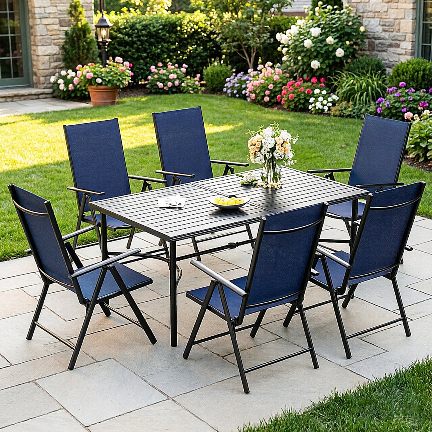 Captiva Designs 7pc Patio Dining Rectangular Steel Table & Pre-assembled Textilene Reclining Foldable Chairs
