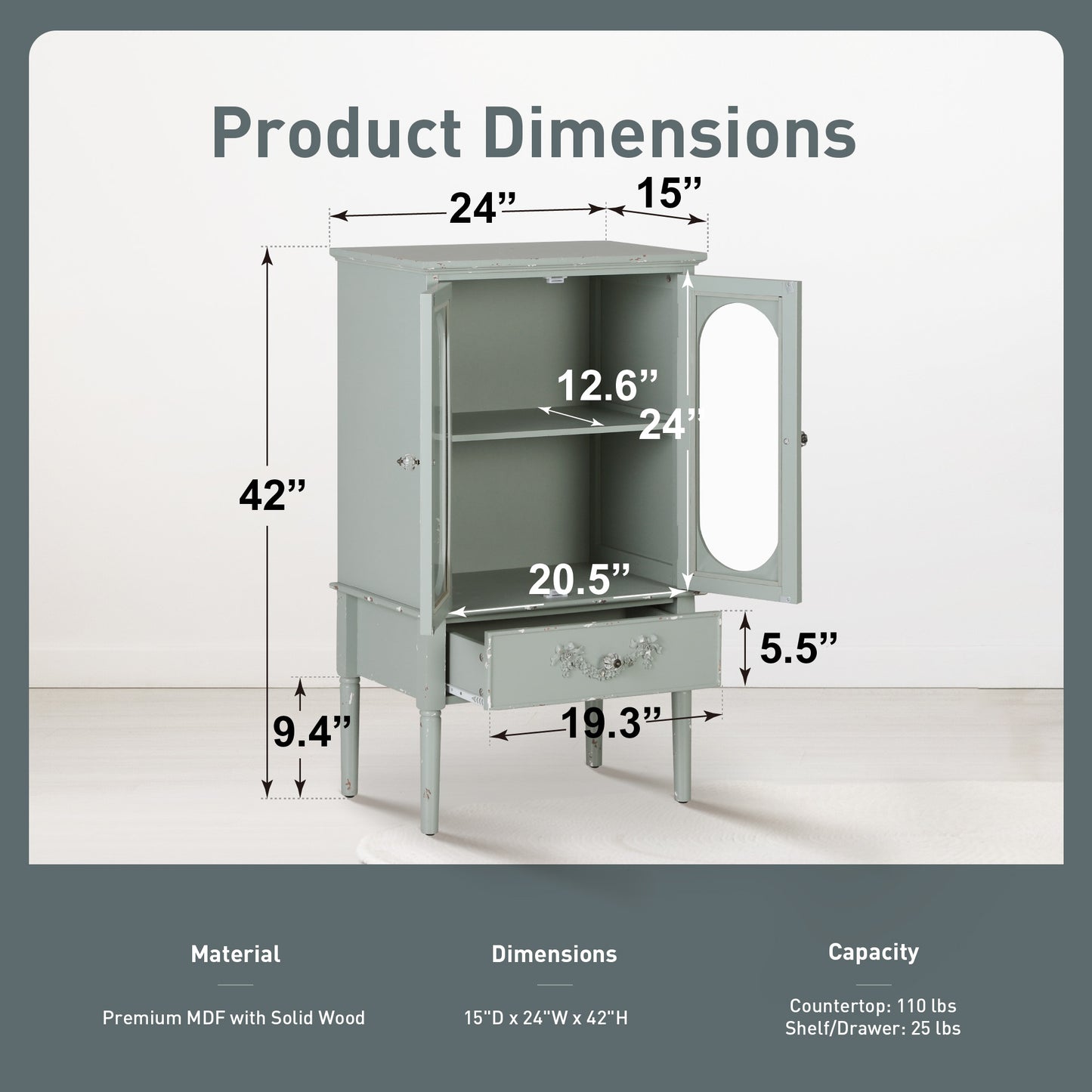 Captiva Designs Antique Mint Green Accent Sideboards Buffets Cabinet with 2 Glass Doors and 1 Drawer for Kitchen Dining Room