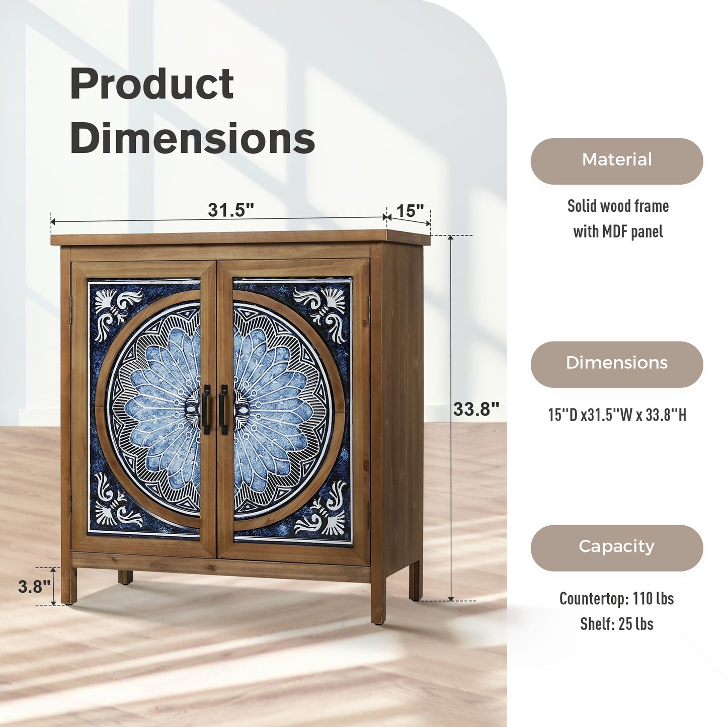 Captiva Designs 2-Door Accent Distressed Storage Cabinet with Blue and White Porcelain Pattern for Entryway Living Room