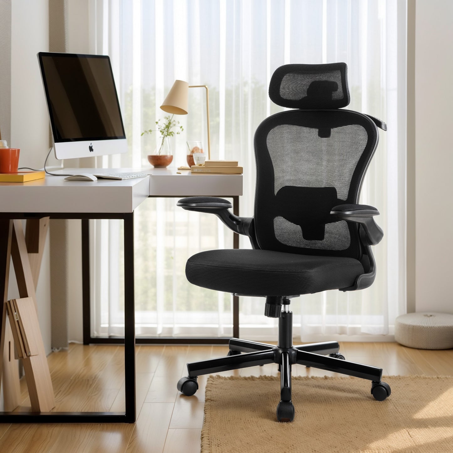 Captiva Designs Ergonomic High-Back Mesh Office Chair Adjustable Height Swivel Chair with Flip-Up Armrests, Black