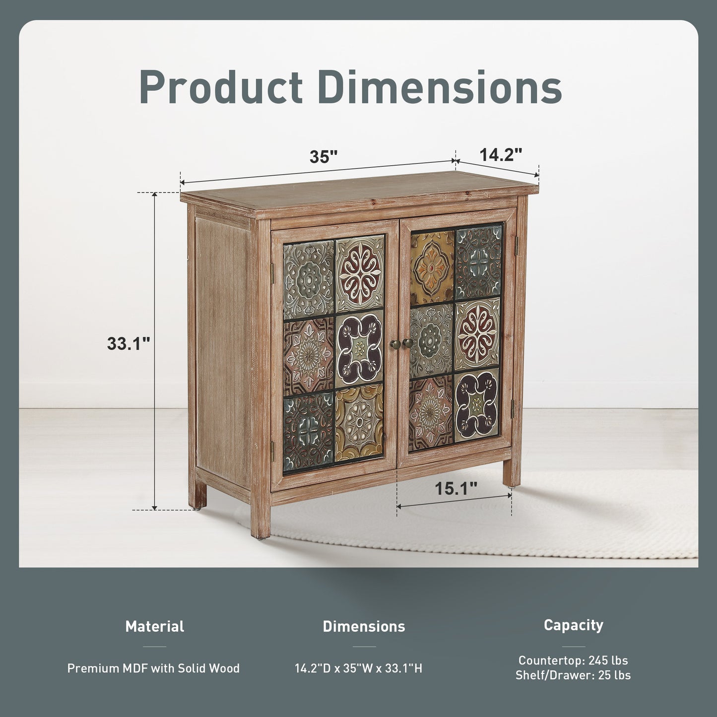 Captiva Designs Accent Distressed Checkered Patterns Storage Cabinet with 2 Doors for Entryway Living Room