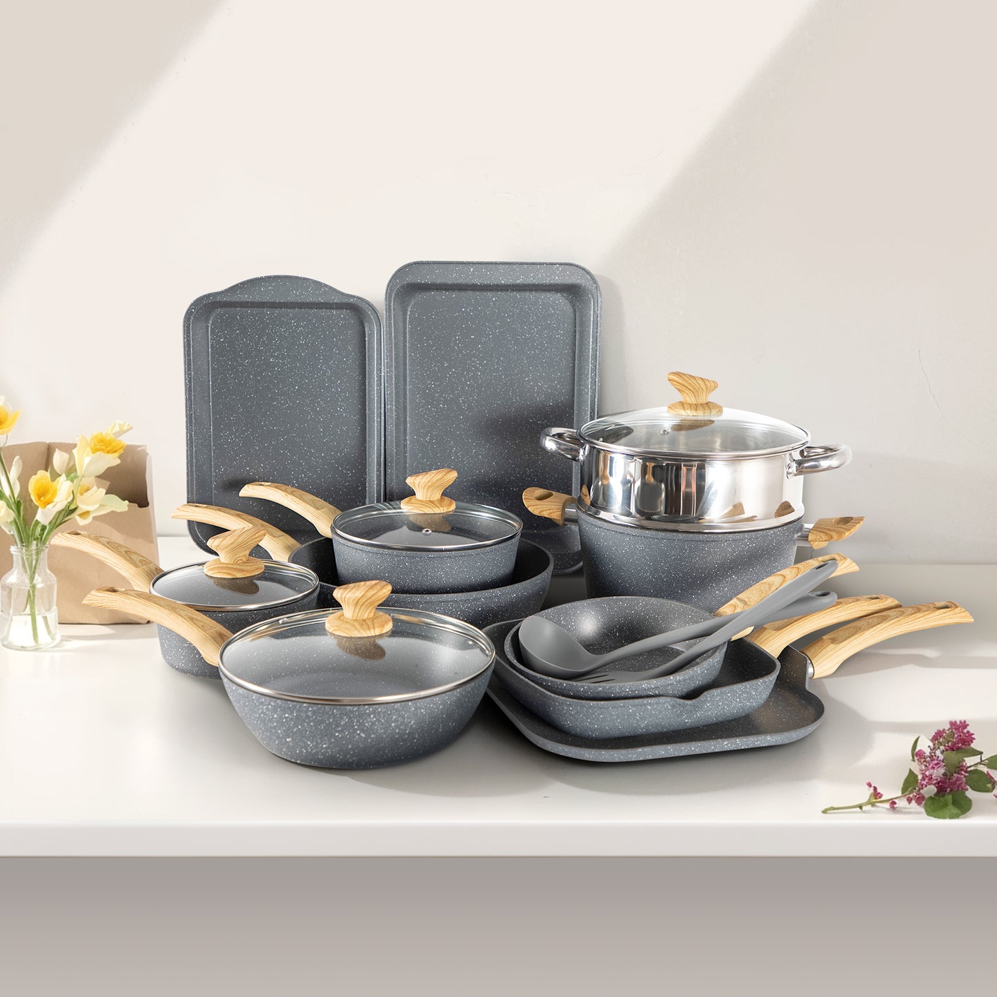 Captiva Designs Nonstick Granite Cookware and Bakeware Set with Heat-Resistant Bakelite Handle