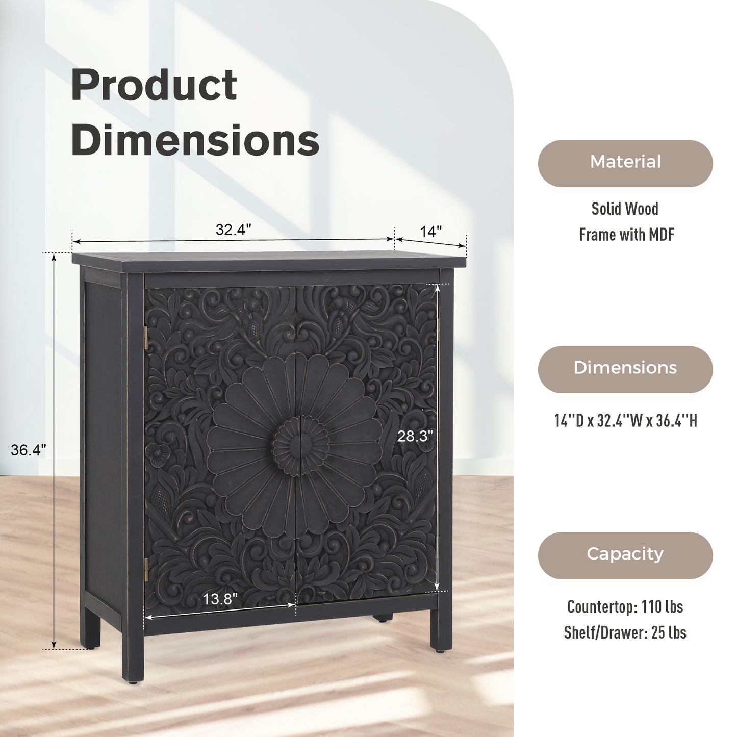 Captiva Designs Accent Farmhouse Carved Floral Buffet Cabinet with Doors for Living Room