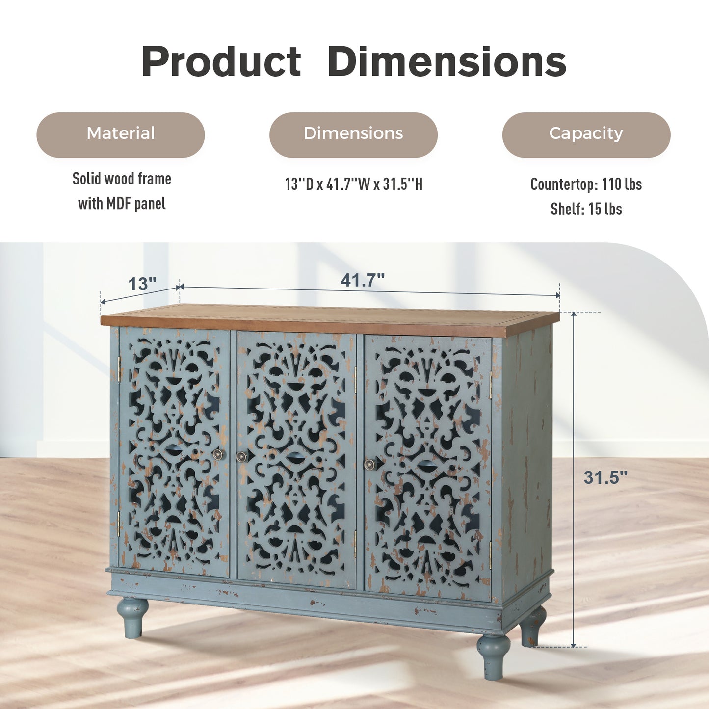 Captiva Designs Distressed Hollow-carved Accent Storage Sideboard Buffet Cabinet with Solid Wood Legs for Living Room Entryway Foyer