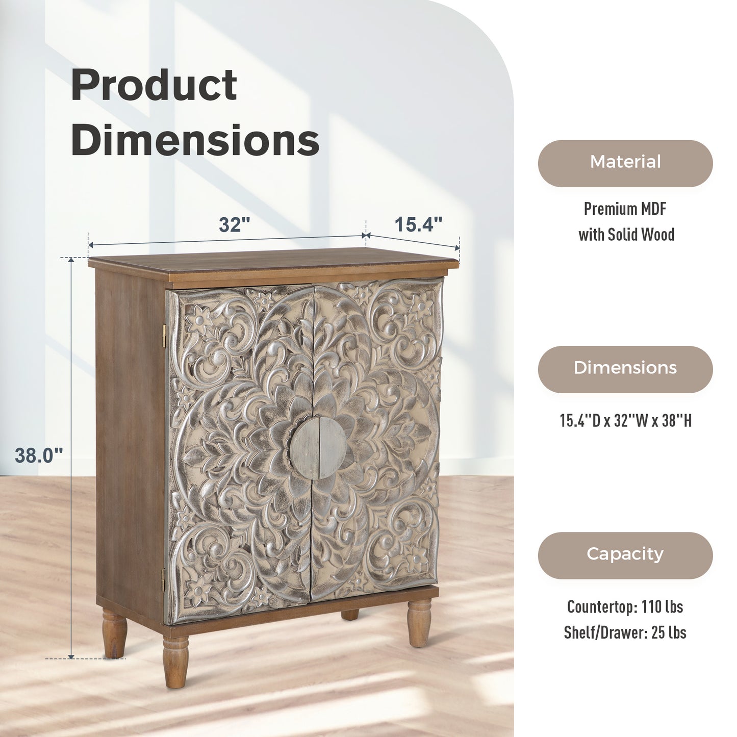 Captiva Designs Antique Silver Carved Floral Buffet Cabinet with Doors for Living Room, Entryway