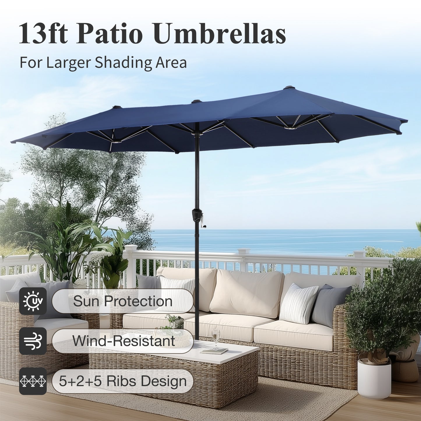 Captiva Designs 8pc Patio Dining Set with Rectangular Steel Table & Black Steel Chairs & Market Umbrella