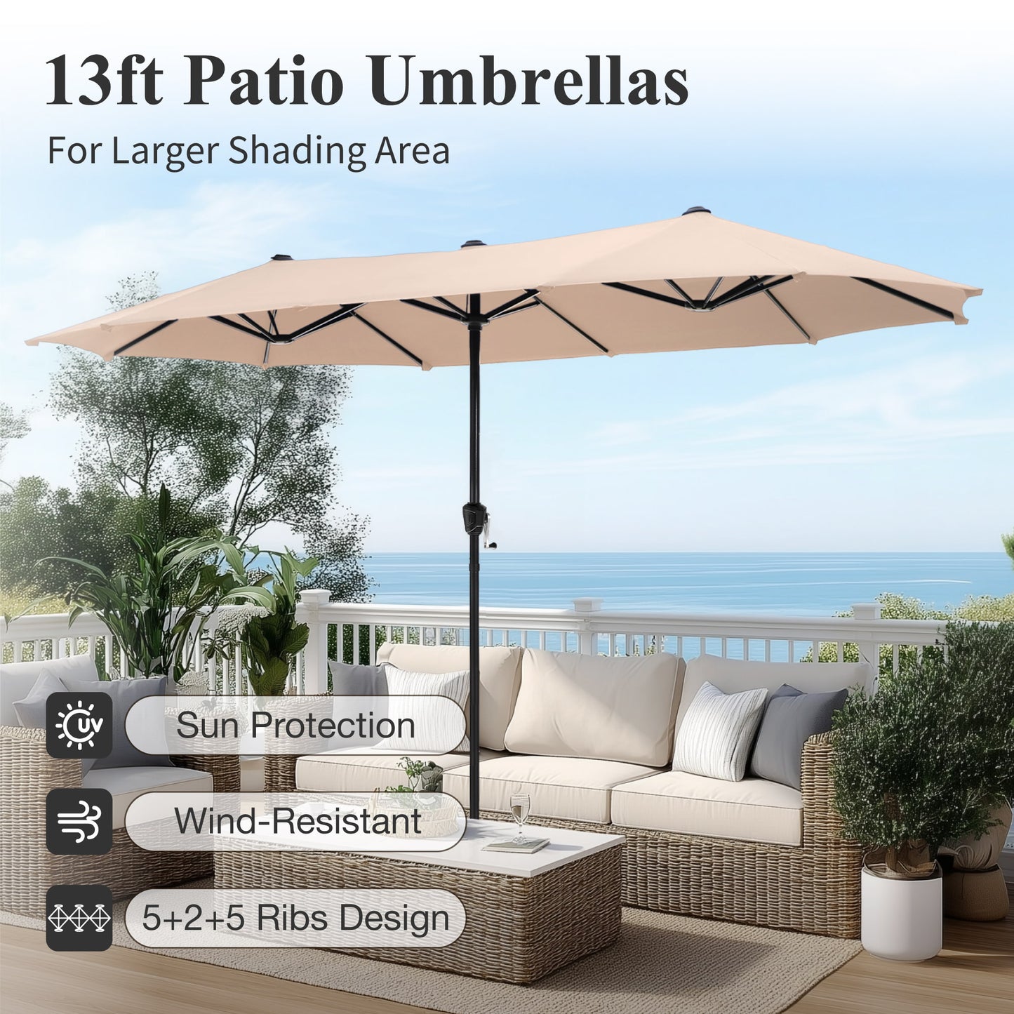 Captiva Designs 13ft Double-Sided Rectangular Patio Umbrella-Beige