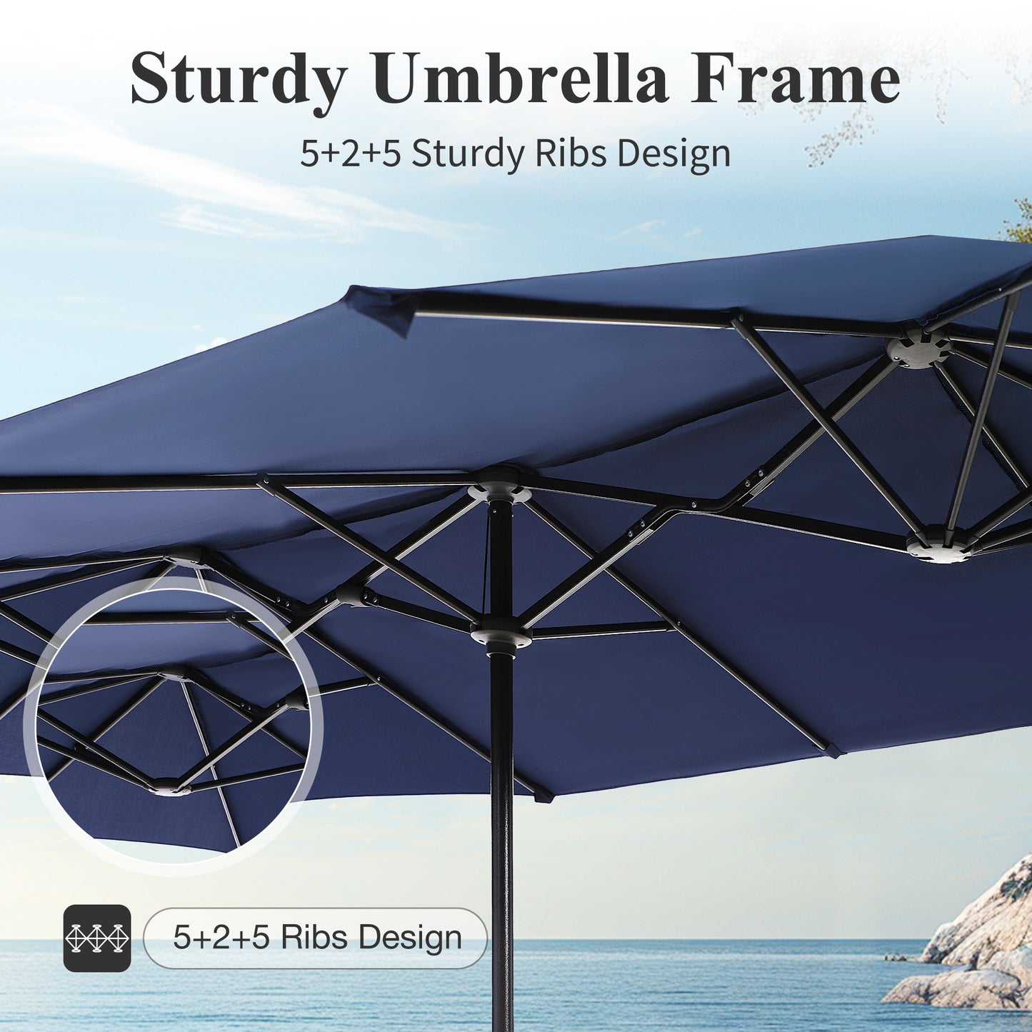 Captiva Designs 8Pc Outdoor Steel Rectangle Dining Table & Cushioned Metal Chairs & Market Umbrella