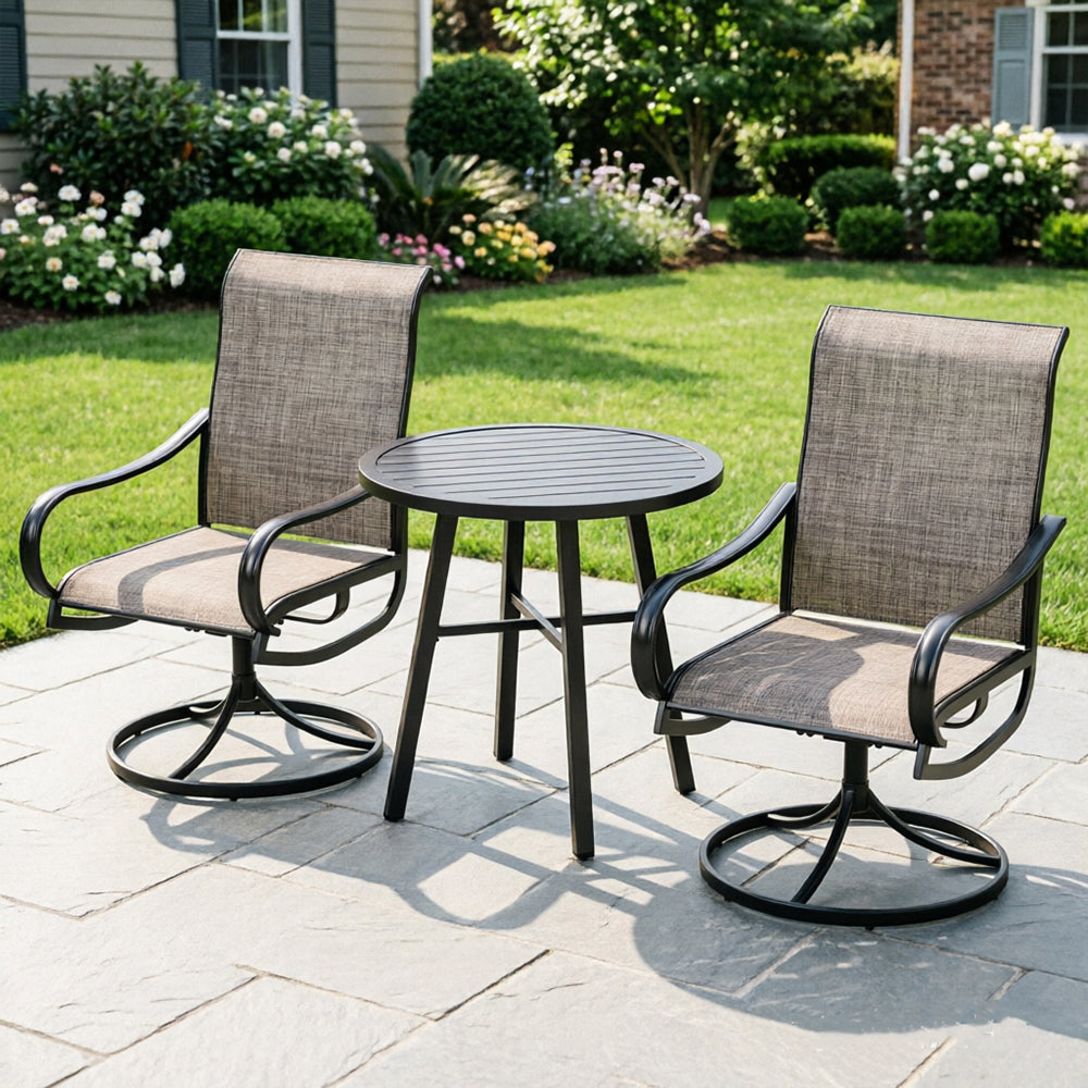 Captiva Designs 3pc Patio Square Bistro Table & Grayish Brown Textilene Sling Swivel Chairs