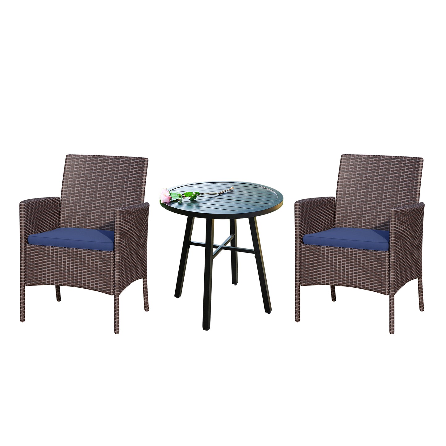 Captiva Designs 3pc Patio Dining Set with Bistro Table & Rattan Chairs with Blue Seat Cushion