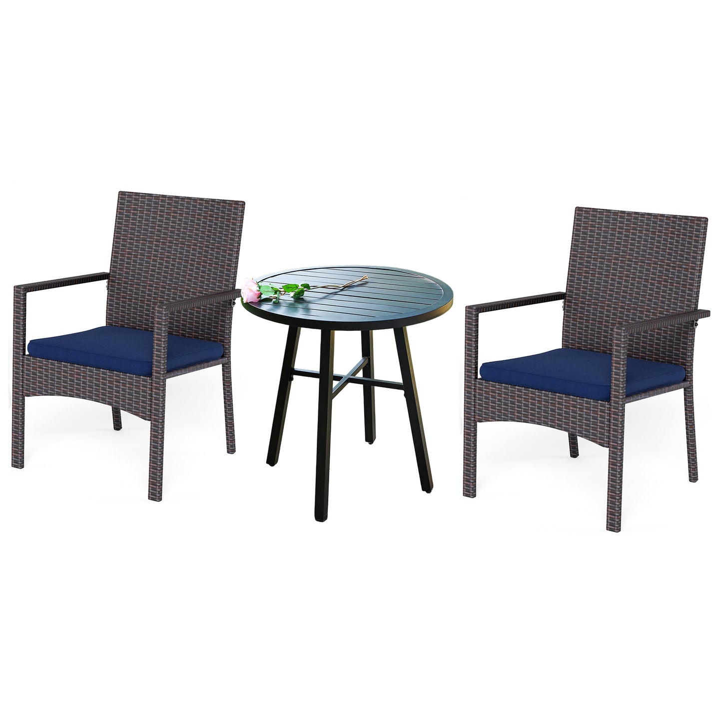 Captiva Designs 3pc Patio Dining Set with Bistro Table & Rattan Chairs with Blue Seat Cushion