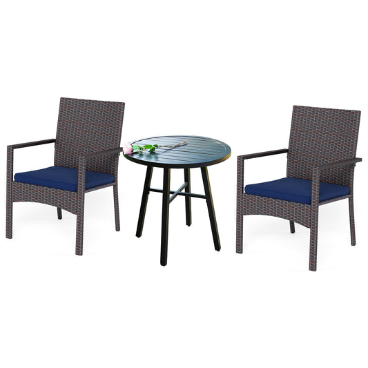 Captiva Designs 3pc Patio Dining Set with Bistro Table & Rattan Chairs with Blue Seat Cushion