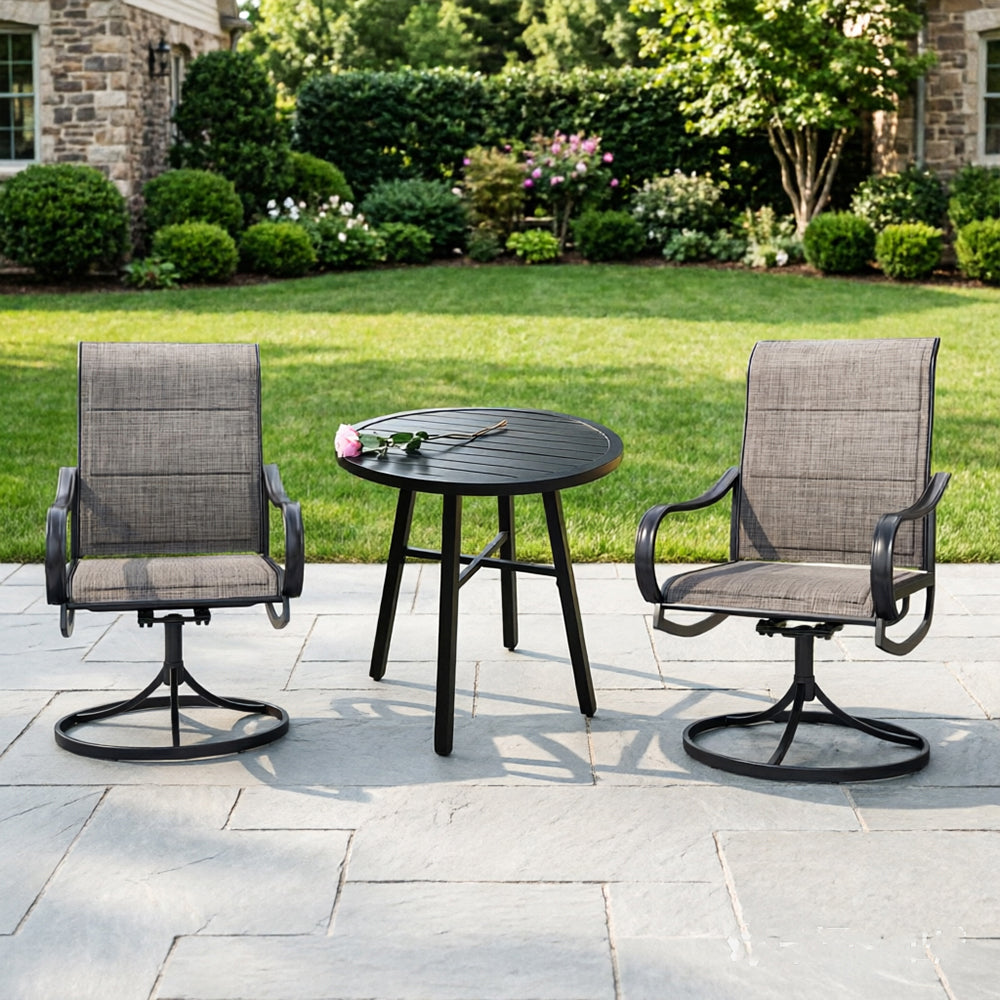 Captiva Designs 3pc Patio Square Bistro Table & Grayish Brown Textilene Sling Swivel Chairs