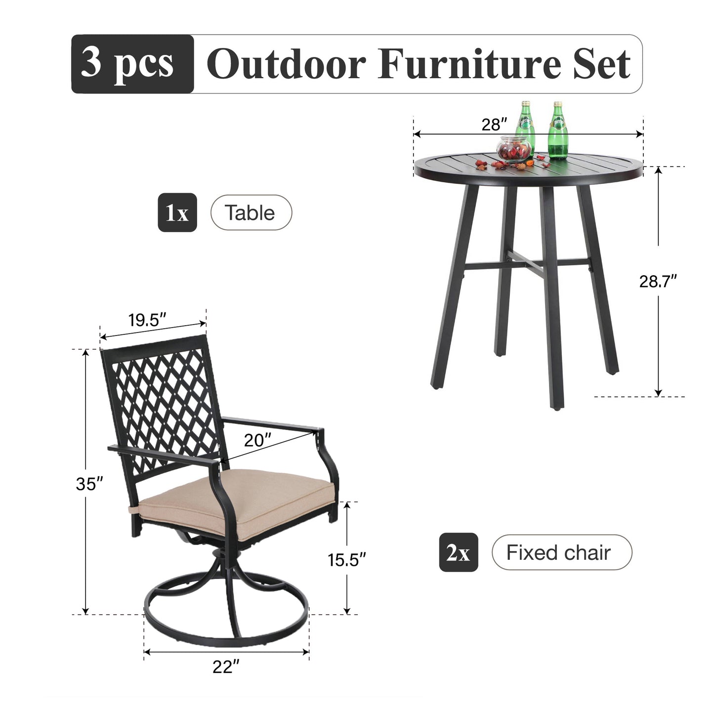 Captiva Designs 3pc Outdoor Patio Slatted Tabletop Round Dining Table & Metal Chairs