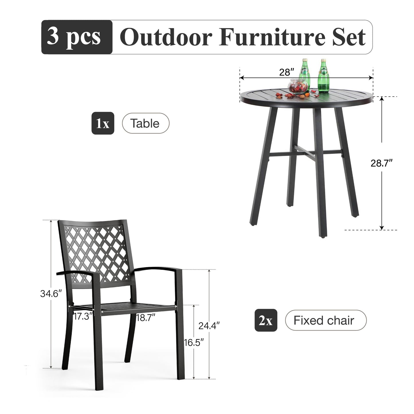 Captiva Designs 3pc Outdoor Patio Slatted Tabletop Round Dining Table & Metal Chairs