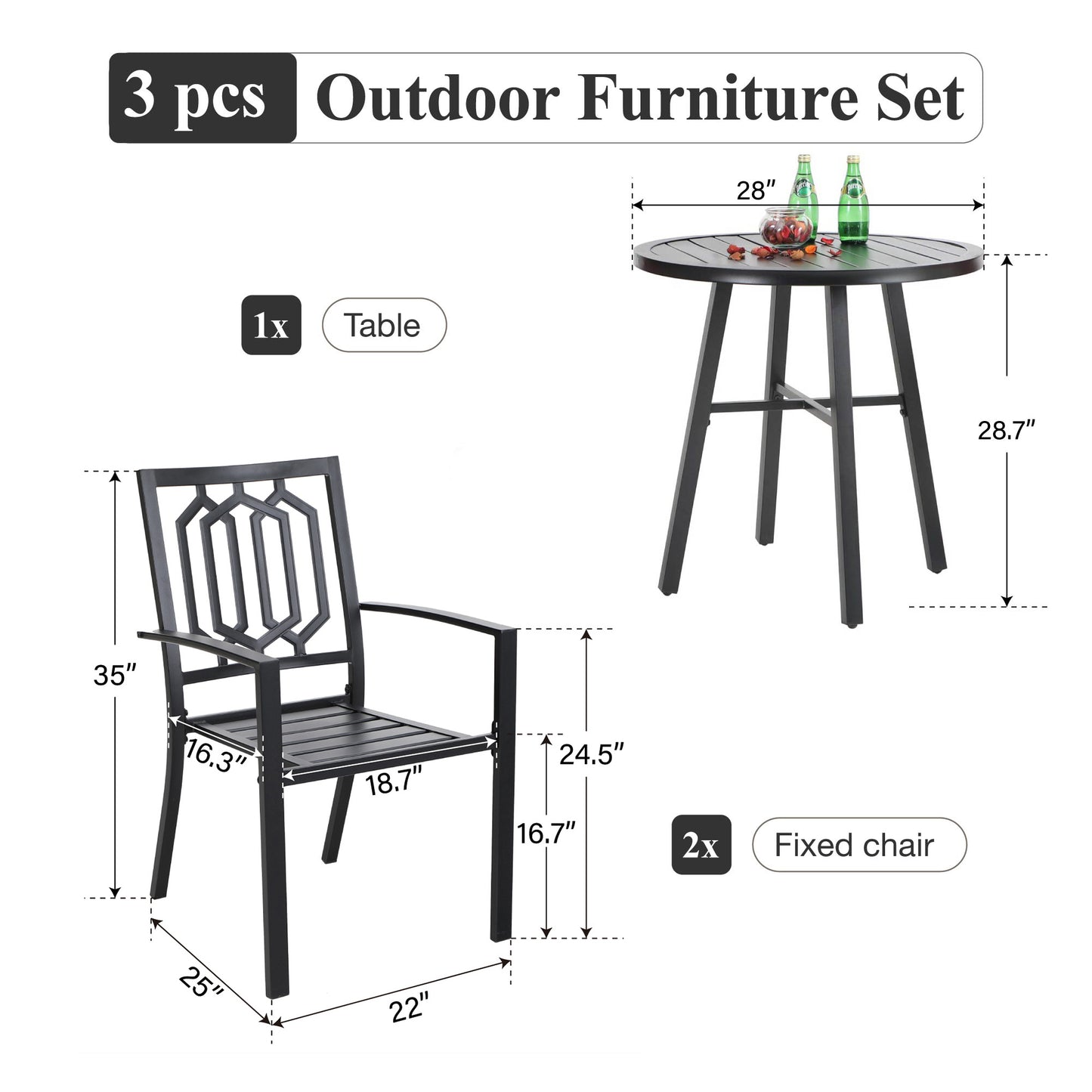 Captiva Designs 3pc Outdoor Patio Slatted Tabletop Round Dining Table & Metal Chairs