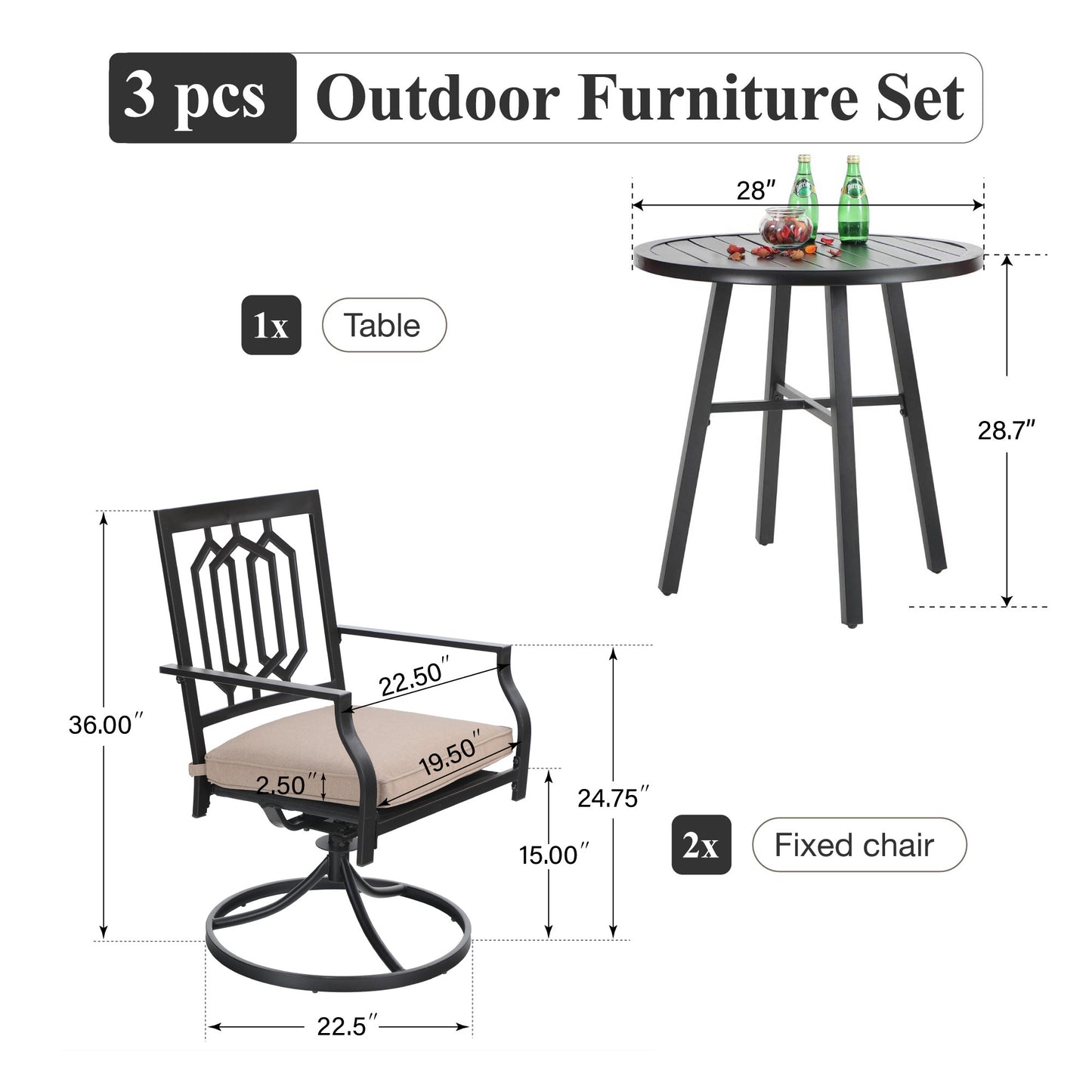Captiva Designs 3pc Outdoor Patio Slatted Tabletop Round Dining Table & Metal Chairs