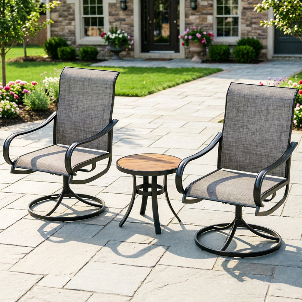 Captiva Designs 3pc Patio Square Bistro Table & Grayish Brown Textilene Sling Swivel Chairs