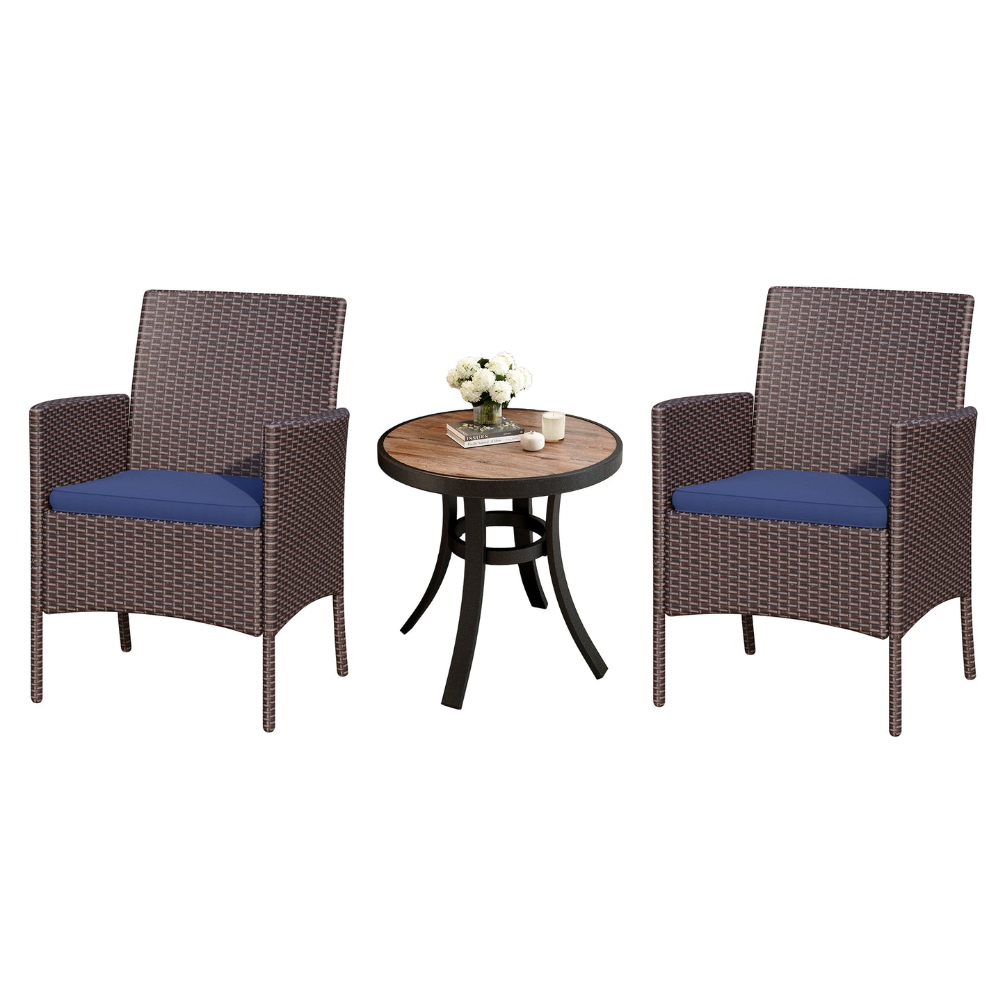 Captiva Designs 3pc Patio Dining Set with Bistro Table & Rattan Chairs with Blue Seat Cushion