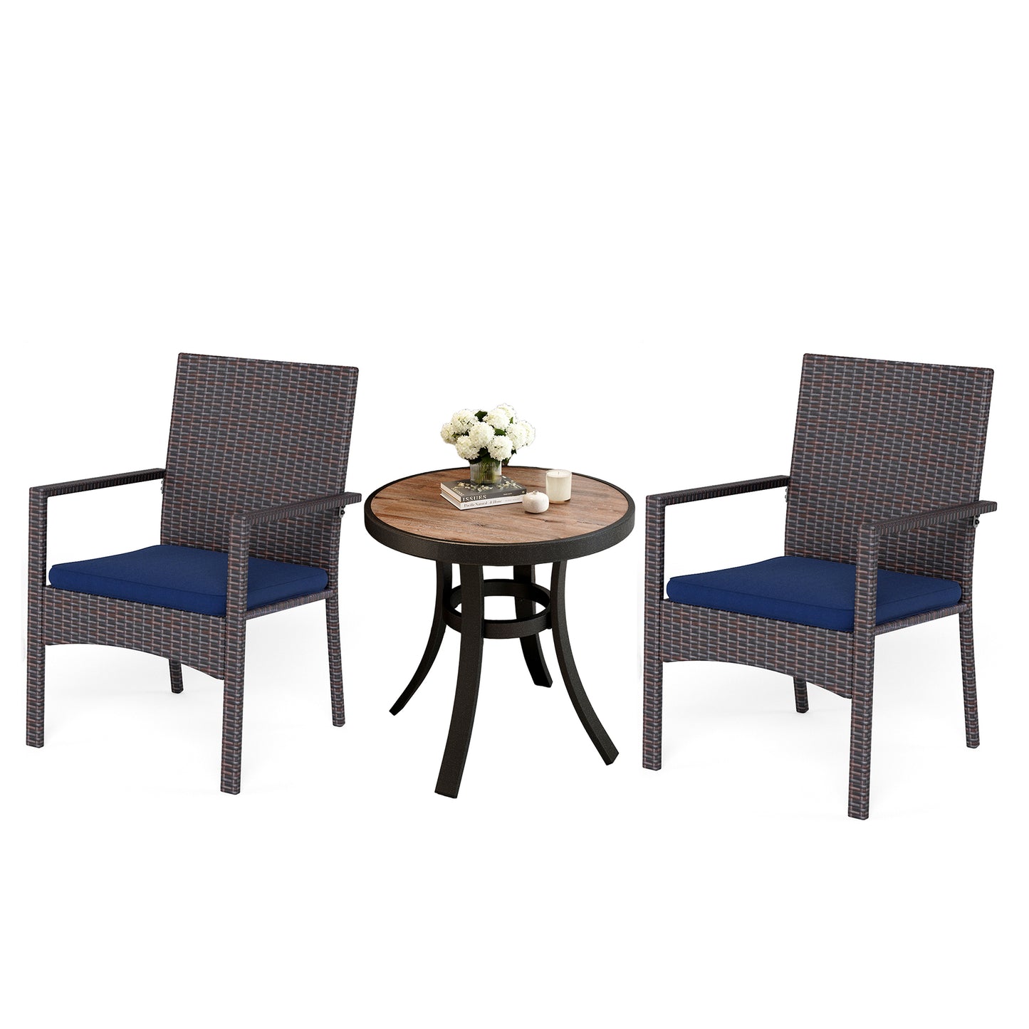 Captiva Designs 3pc Patio Dining Set with Bistro Table & Rattan Chairs with Blue Seat Cushion