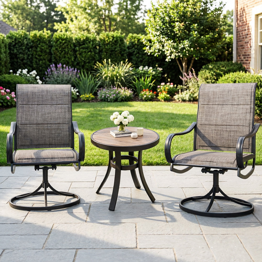 Captiva Designs 3pc Patio Square Bistro Table & Grayish Brown Textilene Sling Swivel Chairs