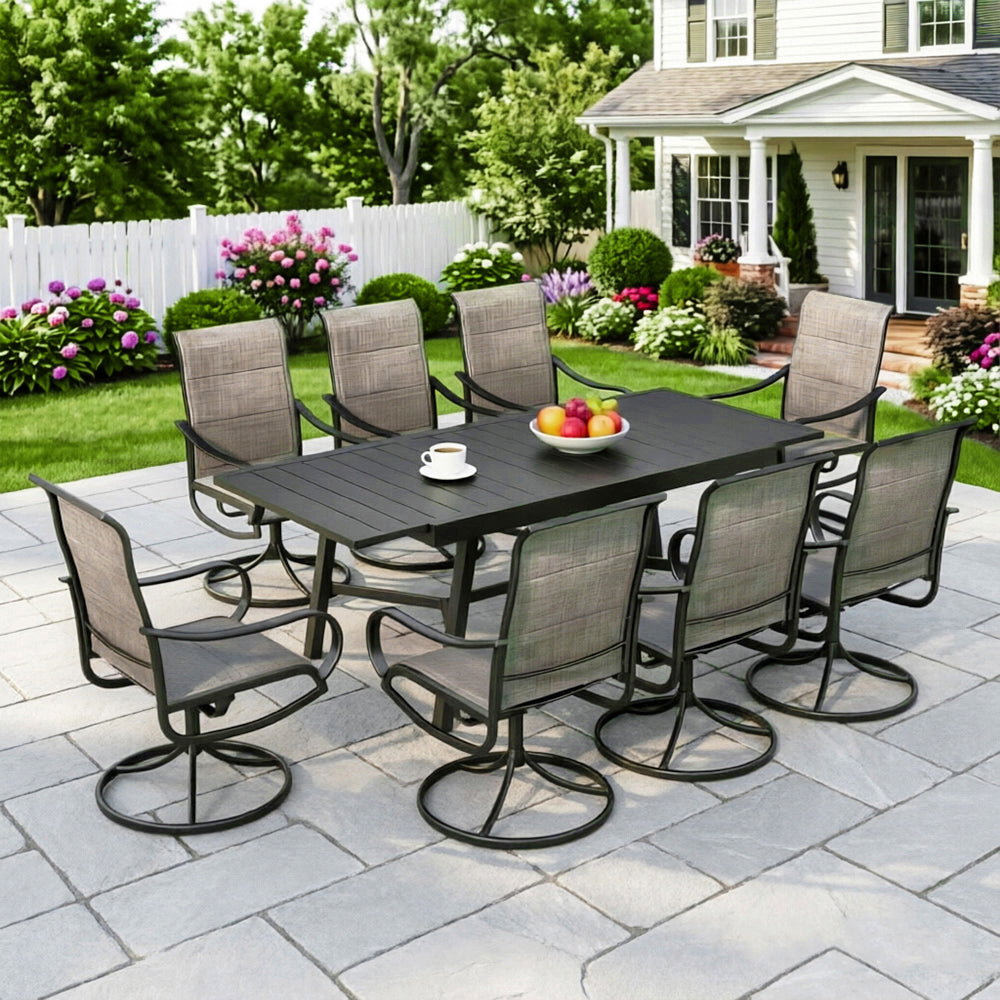 Captiva Designs 9pc Patio Dining Slatted Tabletop Steel Rectangle Table & Padded Sling Swivel Chairs