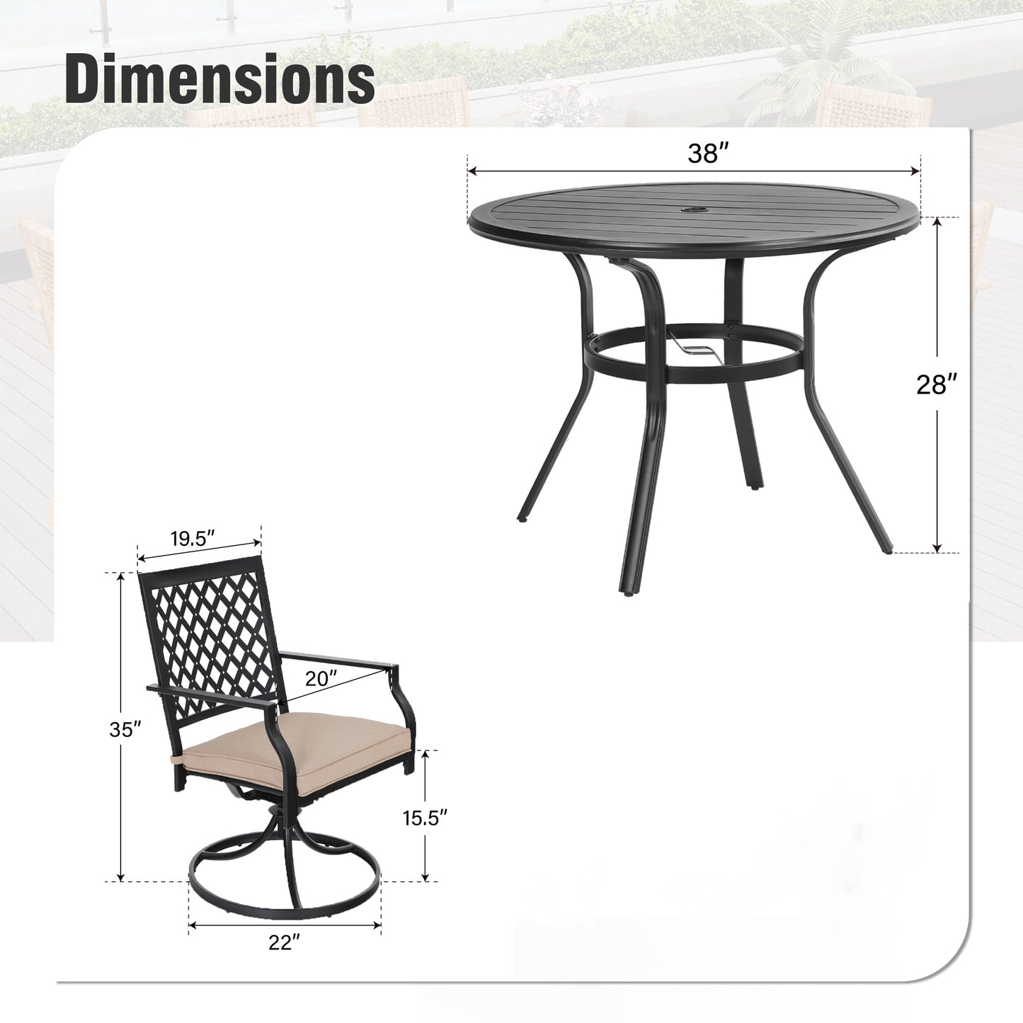 Captiva Designs 5pc Outdoor Steel Slat-top Round Dining Table & Metal Chairs with Stylish Back