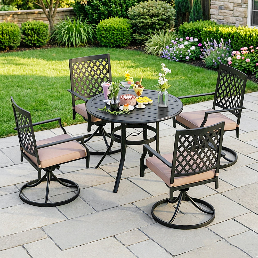 Captiva Designs 5pc Outdoor Steel Slat-top Round Dining Table & Metal Chairs with Stylish Back