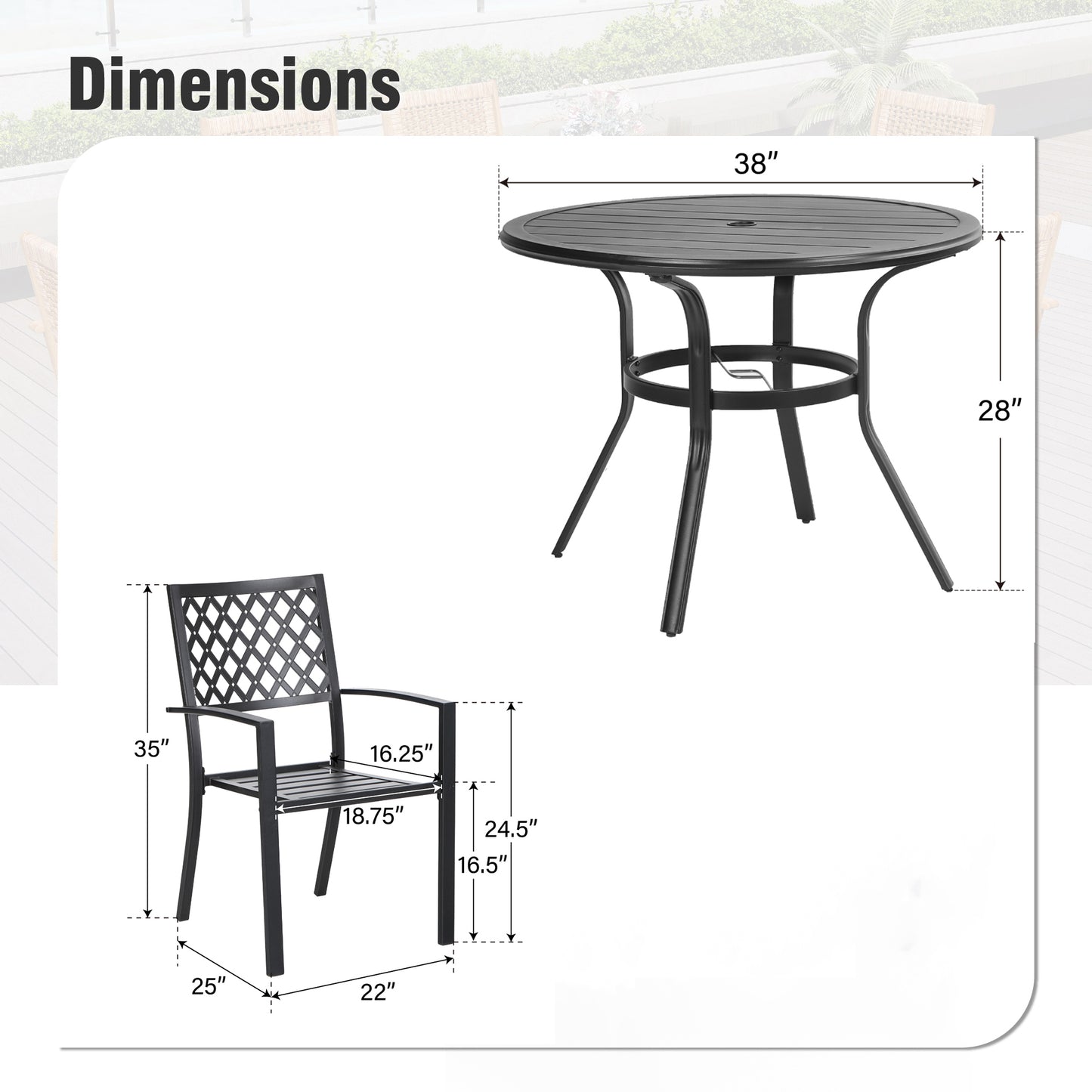 Captiva Designs 5pc Outdoor Steel Slat-top Round Dining Table & Metal Chairs with Stylish Back