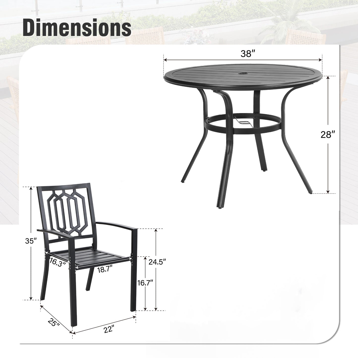 Captiva Designs 5pc Outdoor Steel Slat-top Round Dining Table & Metal Chairs with Stylish Back
