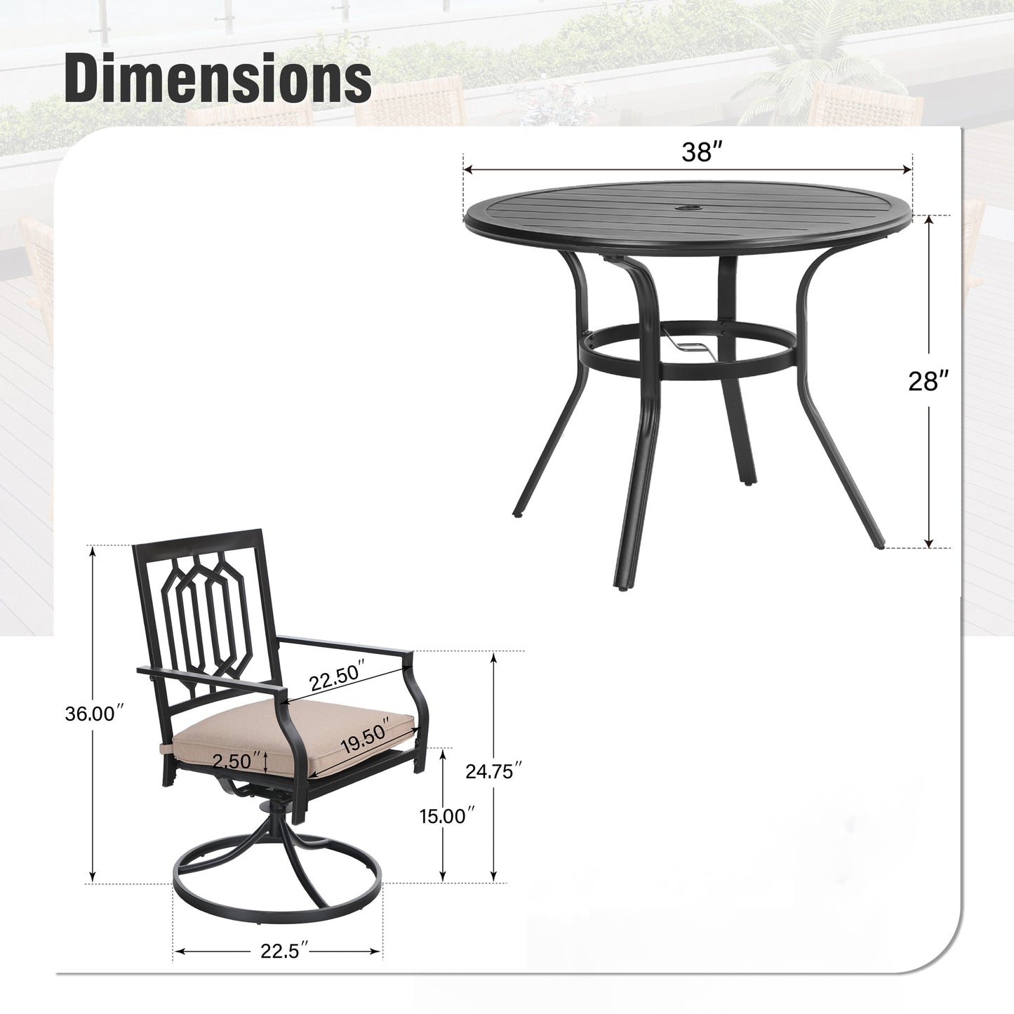 Captiva Designs 5pc Outdoor Steel Slat-top Round Dining Table & Metal Chairs with Stylish Back